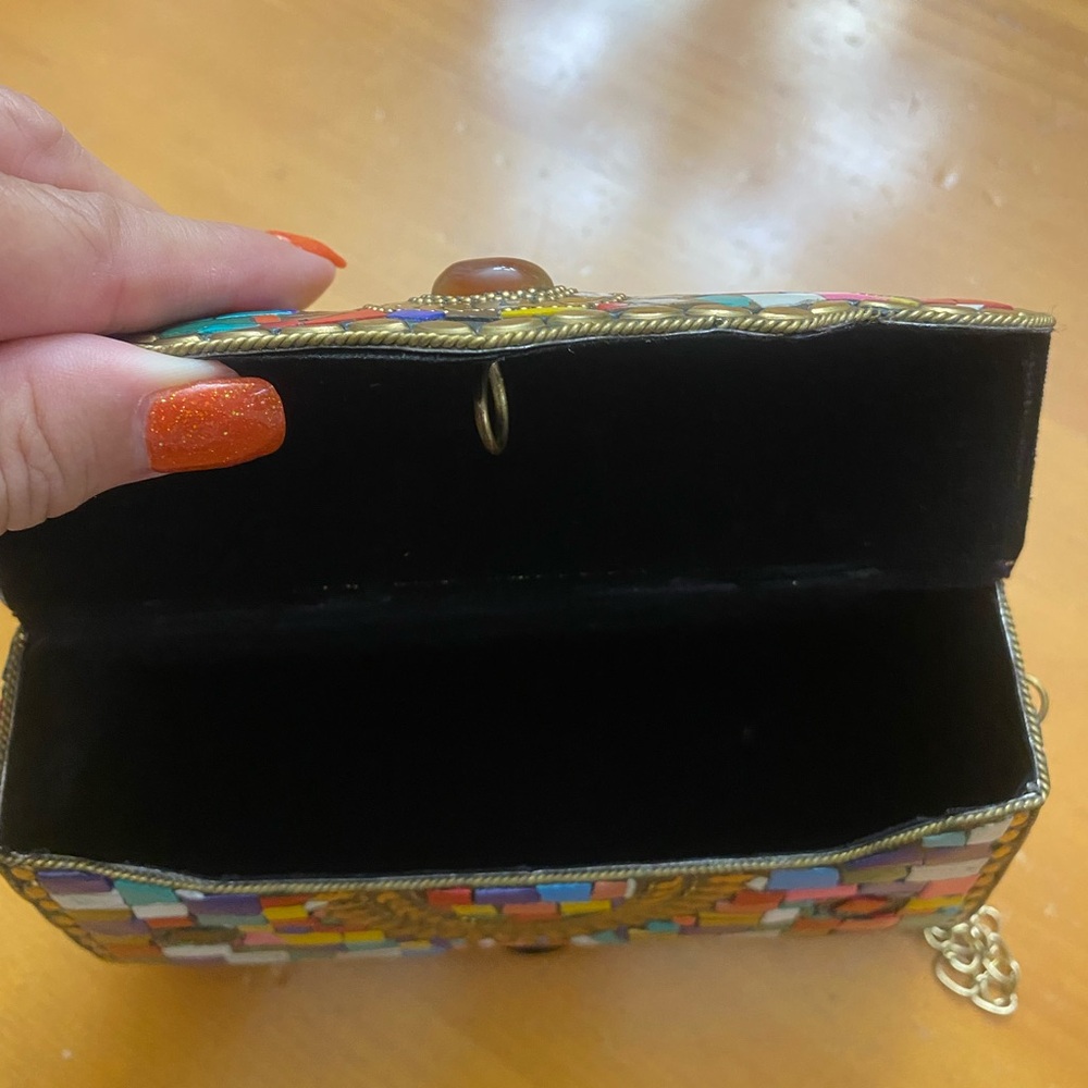 Clutch Crossbody Handcrafted Mosaic Stone Tiles Bag Chain Ornate Metal ANTIQUE - Picture 10 of 15